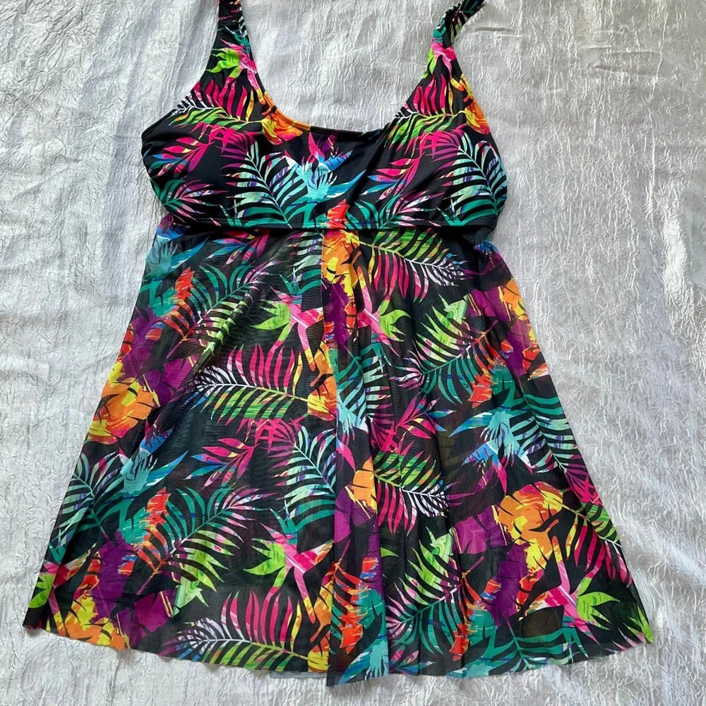 4XL Tropical Palm  Print Swim Dress Tankini Top Mesh Overlay Cover Up Front Slit